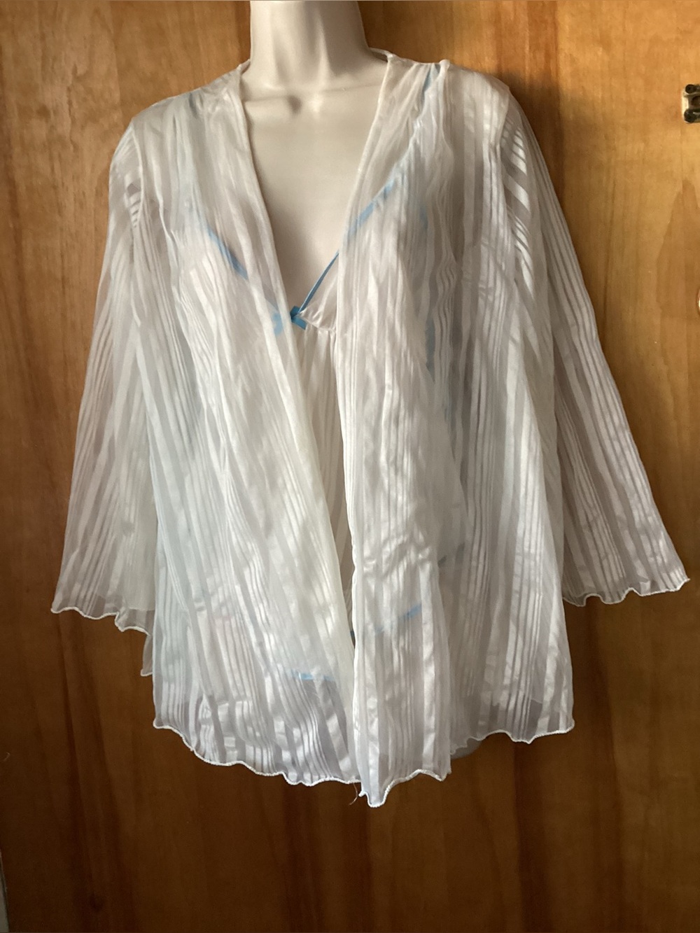 Frederick's of Hollywood Sheer White Chemise with Light Blue Trim & Robe